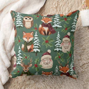 Coussin Charme Festif des Animaux de la Forêt d'Hiver