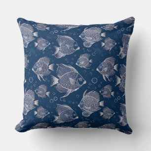 Coussin Charme marin Bleu de marine avec poisson blanc