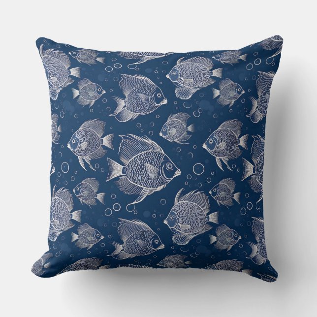 Coussin Charme Nautique Bleu Marine avec Poissons Blancs (Recto)
