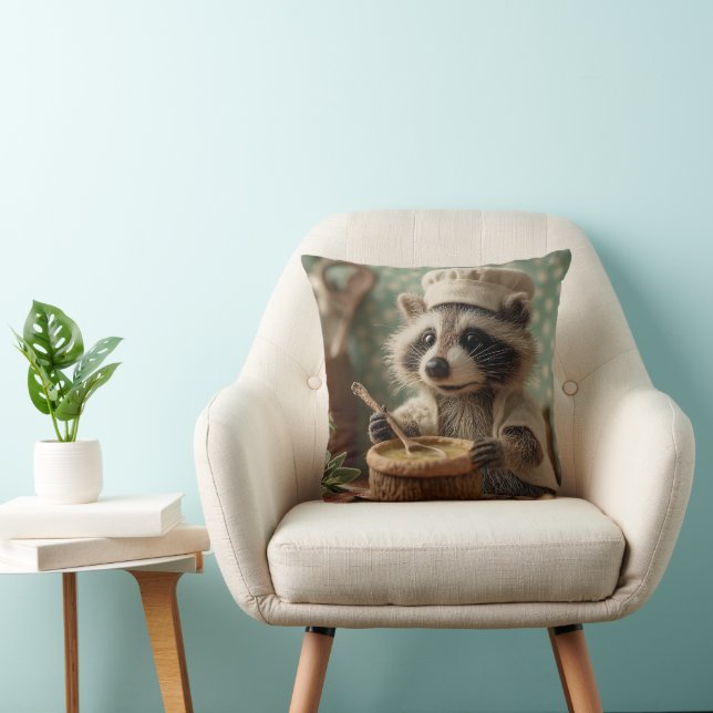 Coussin Charming and Cute Raccoon Chef Stirring a Bowl (Chaise)