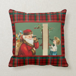 Coussin Charming Girl on Telephone avec Père Noël on Plaid
