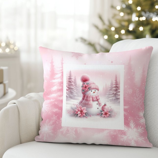Coussin Charming Pink Snowman Pillow Winter Room Style (Charming Pink Snowman Pillow Winter Room Style)