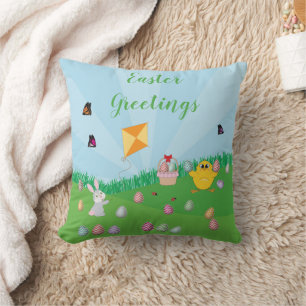 Coussin Chasse aux œufs de Pâques colorée Lapin Poussin