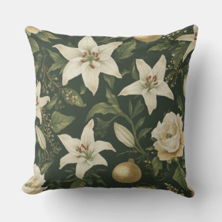 Coussin Chasseur Vert Ivoire Or Lily Fleur de Noël Floral