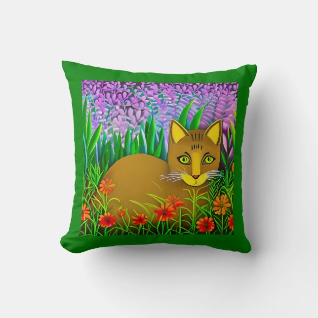 Coussin Chat à l'oeil vert dans un jardin fleuri (Recto)