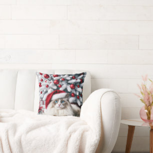 Coussin Chat à poupée de Noël dans un chapeau de Père Noël