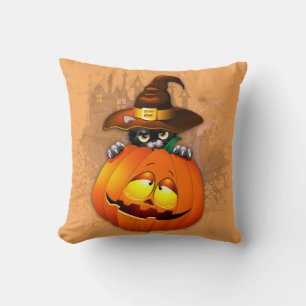 Coussin Chat à sorcière mignonne et amis Citrouilles d'Hal