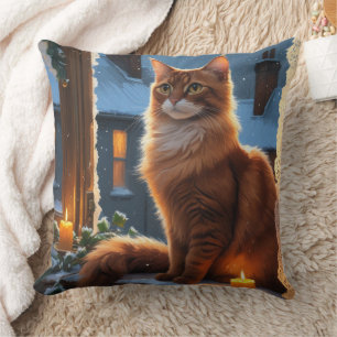 Coussin Chat Abyssin avec lumières de Noël pour les fêtes