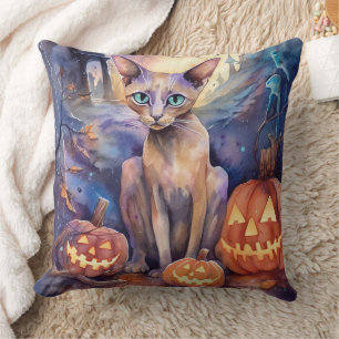 Coussin Chat abyssin d'Halloween avec citrouilles effrayan