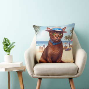 Coussin Chat abyssin sur la plage, cadeau d'été pour amate