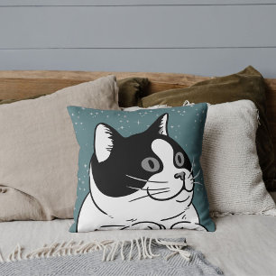 Coussin Chat animal gris blanc noir moderne coloré bleu