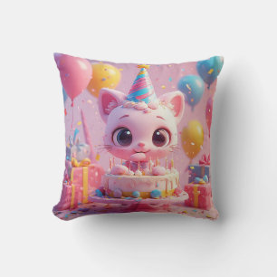 Coussin Chat animé adorable célébrant un anniversaire