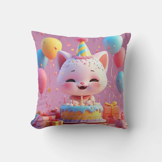 Coussin Chat animé adorable célébrant un anniversaire (Recto)
