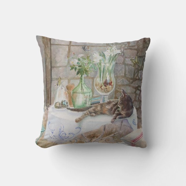 Coussin Chat aquarelle dans la ferme (Recto)