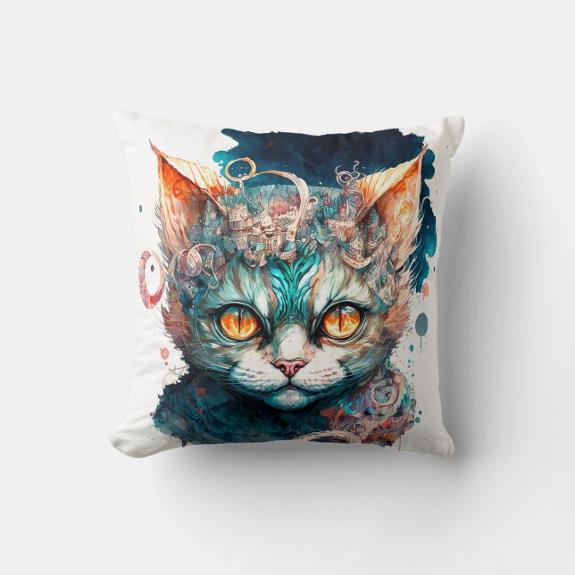 Coussin Chat aquarelle en style steampunk (Recto)