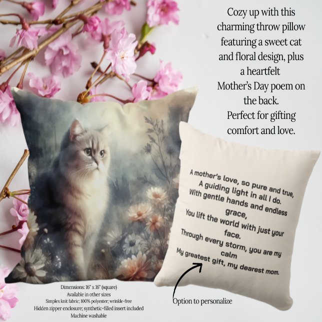 Coussin Chat aquarelle et fleurs - L'amour d'une mère (Créateur téléchargé)