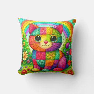 Coussin Chat arc-en-ciel patchwork fantaisiste coloré