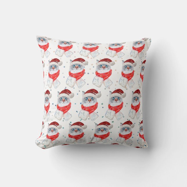 Coussin Chat argenté et blanc de Noël avec chapeau de Père (Recto)