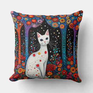 Coussin Chat au milieu d'une scène forestière florale abst