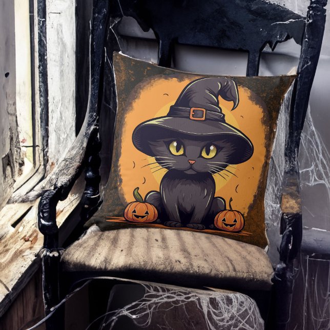 Coussin Chat aux sorcières d'Halloween avec Jack o Lantern (Créateur téléchargé)