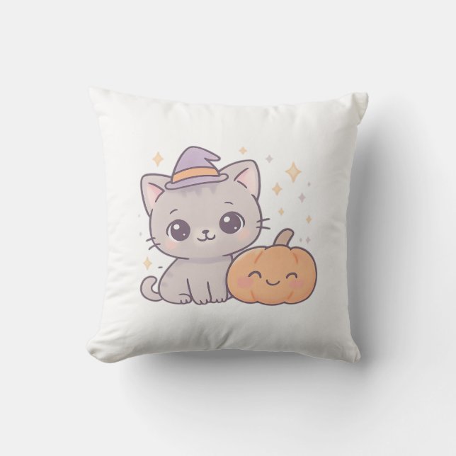 Coussin Chat avec chapeau de sorcière et citrouille souria (Recto)