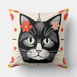 Coussin Chat avec des fleurs colorées et des éléments grap
