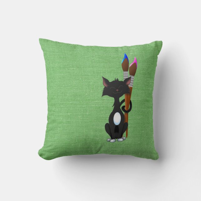 Coussin Chat avec des pinceaux sur fond vert (Recto)