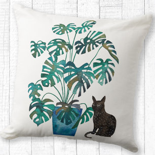 Coussin Chat avec Plante Monstera Aquarelle