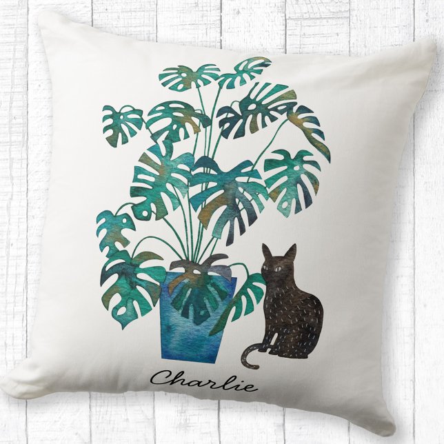 Coussin Chat avec Plante Monstera Aquarelle personnalisée (Cat with Monstera Swiss Cheese Plant watercolor personalized name throw pillow)