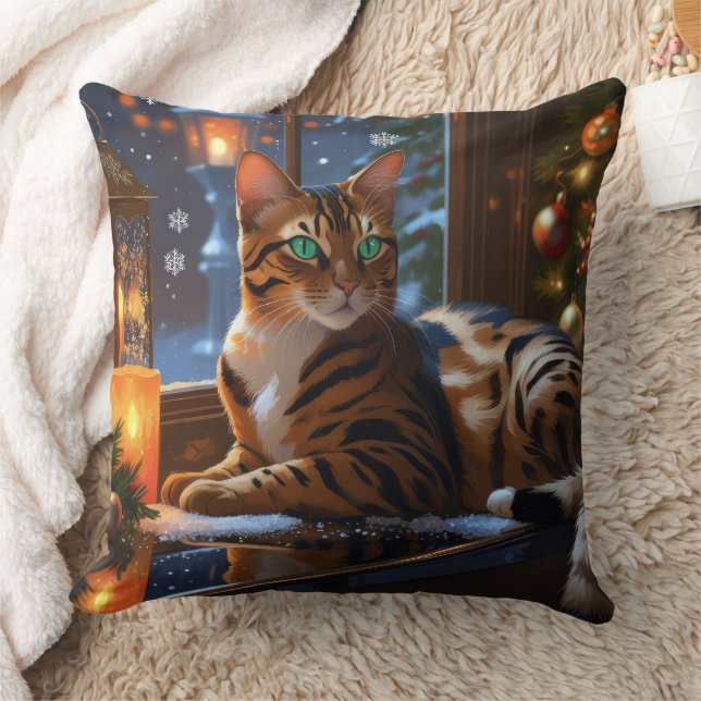 Coussin Chat Bengal avec lumières de Noël pour les fêtes (Couverture)