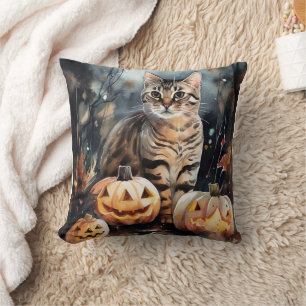 Coussin Chat Bengal Halloween avec citrouilles effrayant