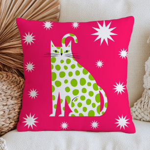 Coussin Chat Blanc aux Points Verts sur Feline Moderne Ros