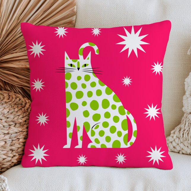Coussin Chat Blanc aux Points Verts sur Feline Moderne Ros (Créateur téléchargé)