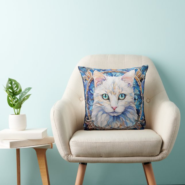 Coussin Chat Blanc aux Yeux Bleus de Style Vitrail (Chaise)