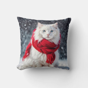 Coussin Chat blanc avec Écharpe rouge d'hiver