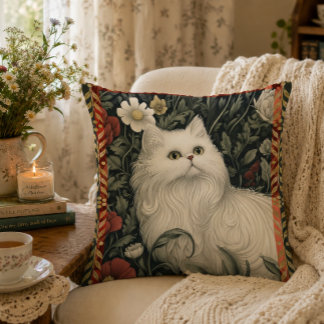 Coussin Chat blanc Cottagecore de style William Morris