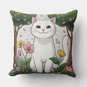 Coussin Chat blanc dans un jardin coloré