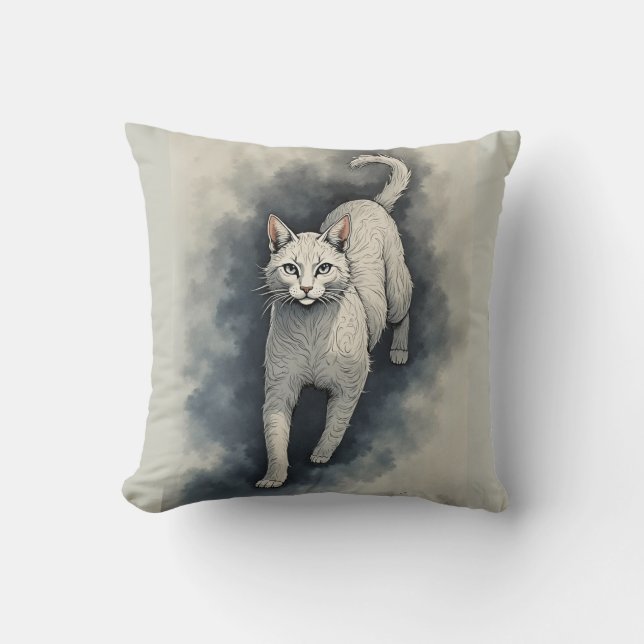 Coussin Chat blanc dans un style de dessin à l'encre chino (Recto)