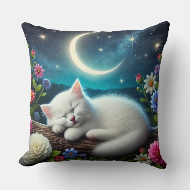 Coussin Chat blanc dormant paisiblement à l'extérieur (Recto)