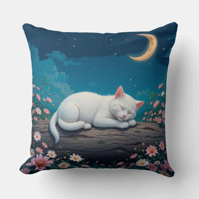 Coussin Chat blanc dormant paisiblement sur un rondin (Recto)