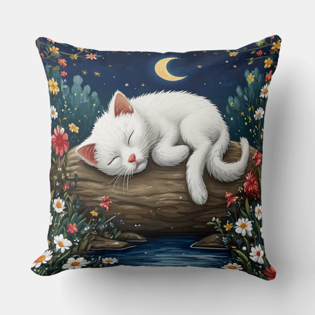 Coussin Chat blanc dormant sur une bûche dans un jardin fl (Recto)