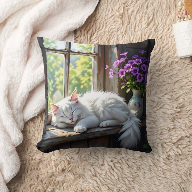 Coussin Chat blanc endormi et fleurs violettes  (Couverture)