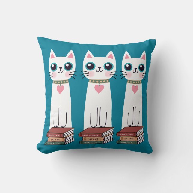 Coussin Chat Blanc Fantaisiste et Doodle avec des Livres (Recto)