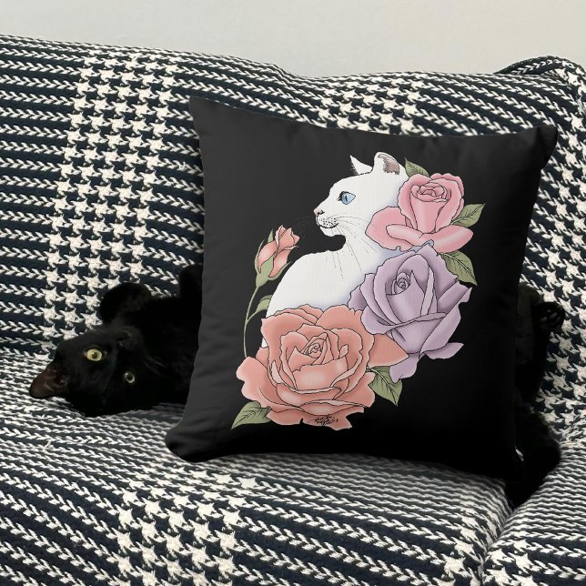 Coussin Chat Blanc Pastel Floral Noir Botanique Romantique (Créateur téléchargé)