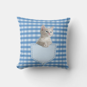 Coussin Chat blanc poche bleu chèque drôle illusion 3D T