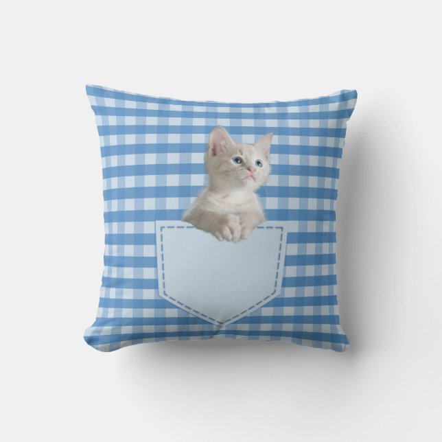 Coussin Chat blanc poche bleu chèque drôle illusion 3D T (Recto)