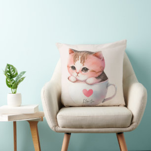 Coussin Chat blanc-rose mignonne dans une tasse de thé (2)