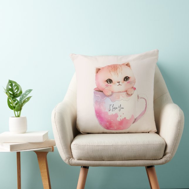 Coussin Chat blanc-rose mignonne dans une tasse de thé (3) (Chaise)