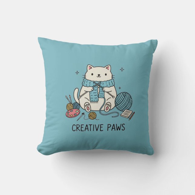 Coussin Chat Blanc Tricotant Loisir Mignon Décoration Mais (Recto)