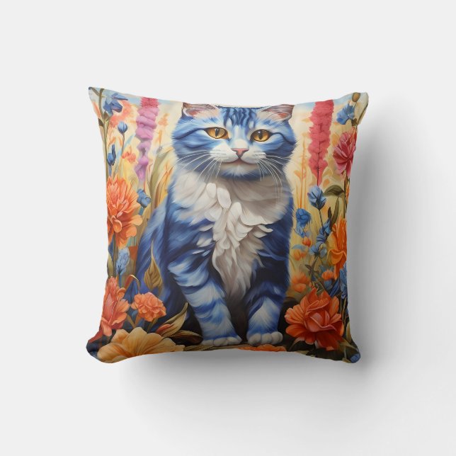 Coussin Chat bleu dans un jardin fleuri (Recto)